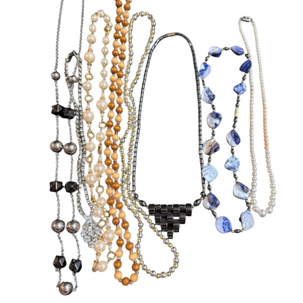 Vintage & Modern Fashion Necklace Lot Faux Pearl Wood Shell Hematite 8pc Set